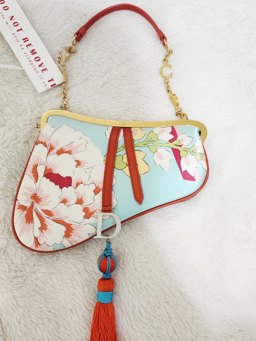 Rare Christian Dior 2003 Floral Mini Saddle Shoulder Bag with Red Tassel